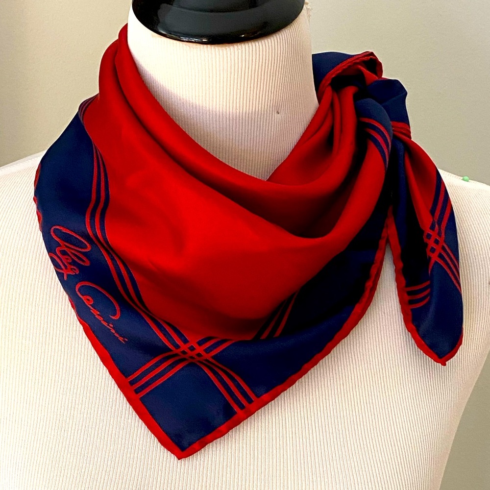 Vintage, Oleg Cassini 100% Silk Red and Blue Scarf, Made in Italy, 27x27”